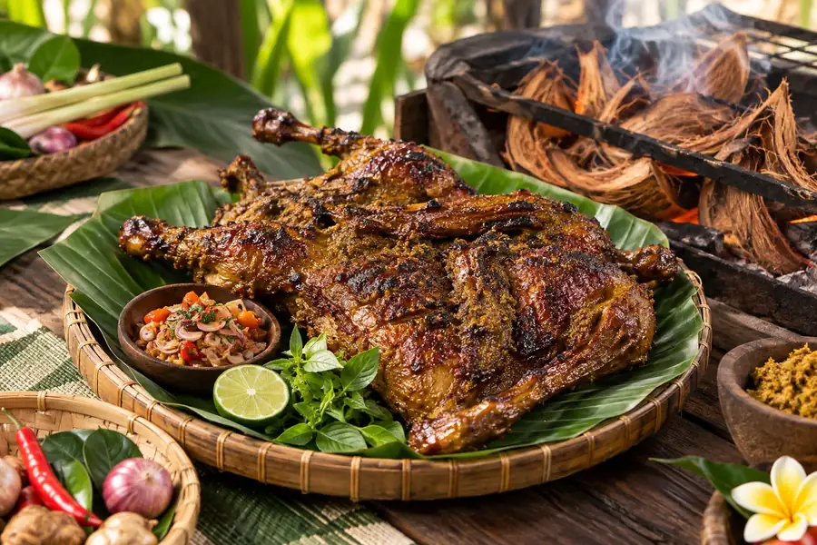 Bebek Bakar Base Genep — Coconut-Husk Grilled Duck with Base Genep