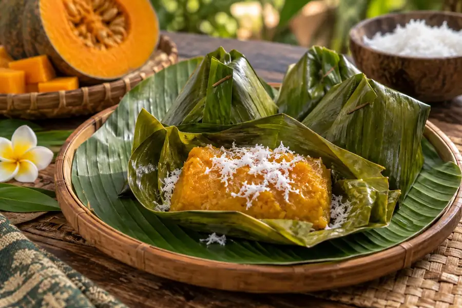 Sumping Waluh — Balinese Pumpkin Rice-Flour Cake in Banana Leaf
