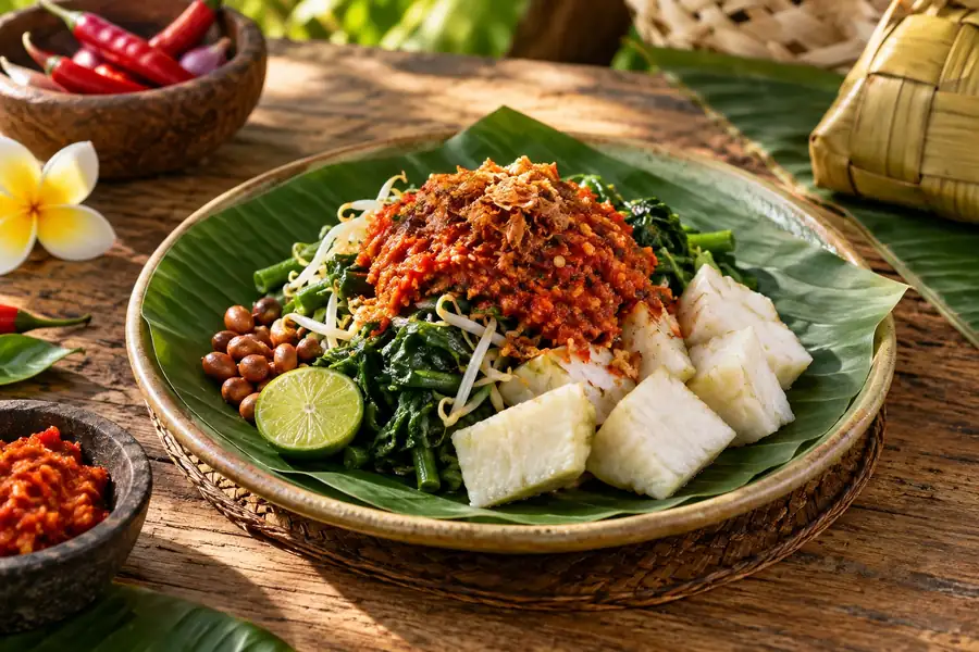 Tipat Plecing — Balinese Rice Cake & Vegetables with Fresh Plecing Sambal