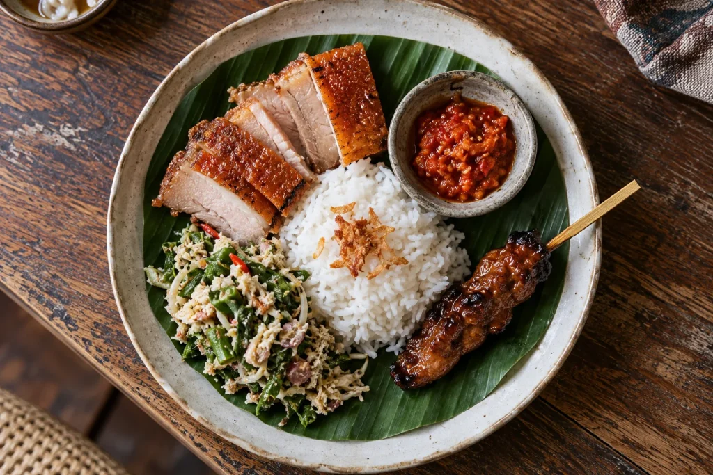 One possible babi guling plate in Ubud with sliced roast pork, rice, lawar, sambal and a pork skewer.