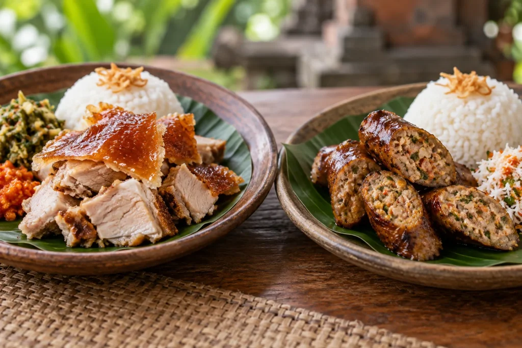 A plate of sliced roast pork beside sliced urutan sausage, illustrating two different Balinese pork preparations.