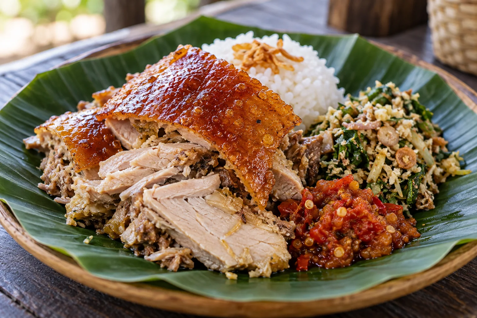 Sliced Balinese babi guling with crisp-looking skin, rice, vegetables and sambal, shown as one possible serving.