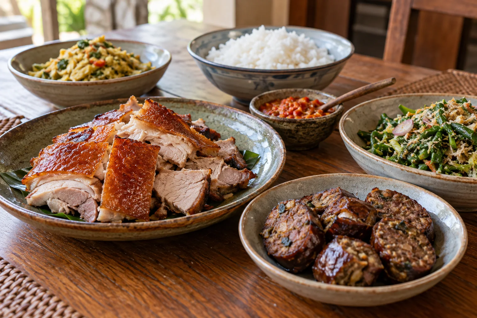 A varied Balinese pork meal with roast meat, sausage, rice and vegetable sides, presented as one illustrative menu.