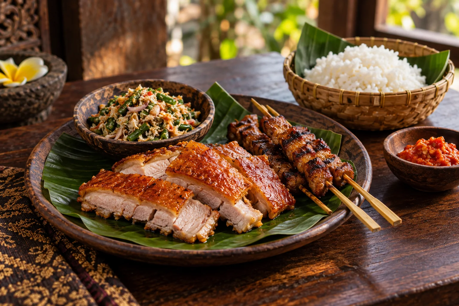 A Balinese pork meal with roast pork, urutan sausage, rice, vegetables and sambal arranged as a varied table spread.