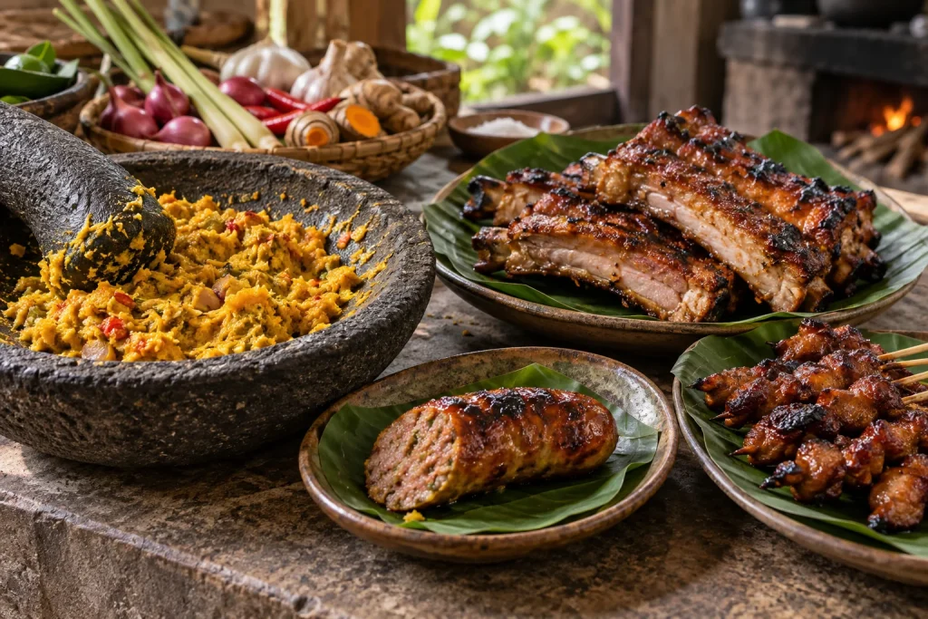 Balinese spice paste in a stone mortar beside grilled pork ribs, sausage and satay.