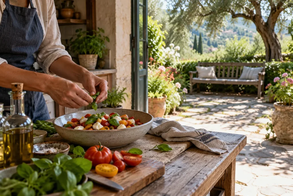 Fresh ingredients on a kitchen counter with a quiet garden bench in view.