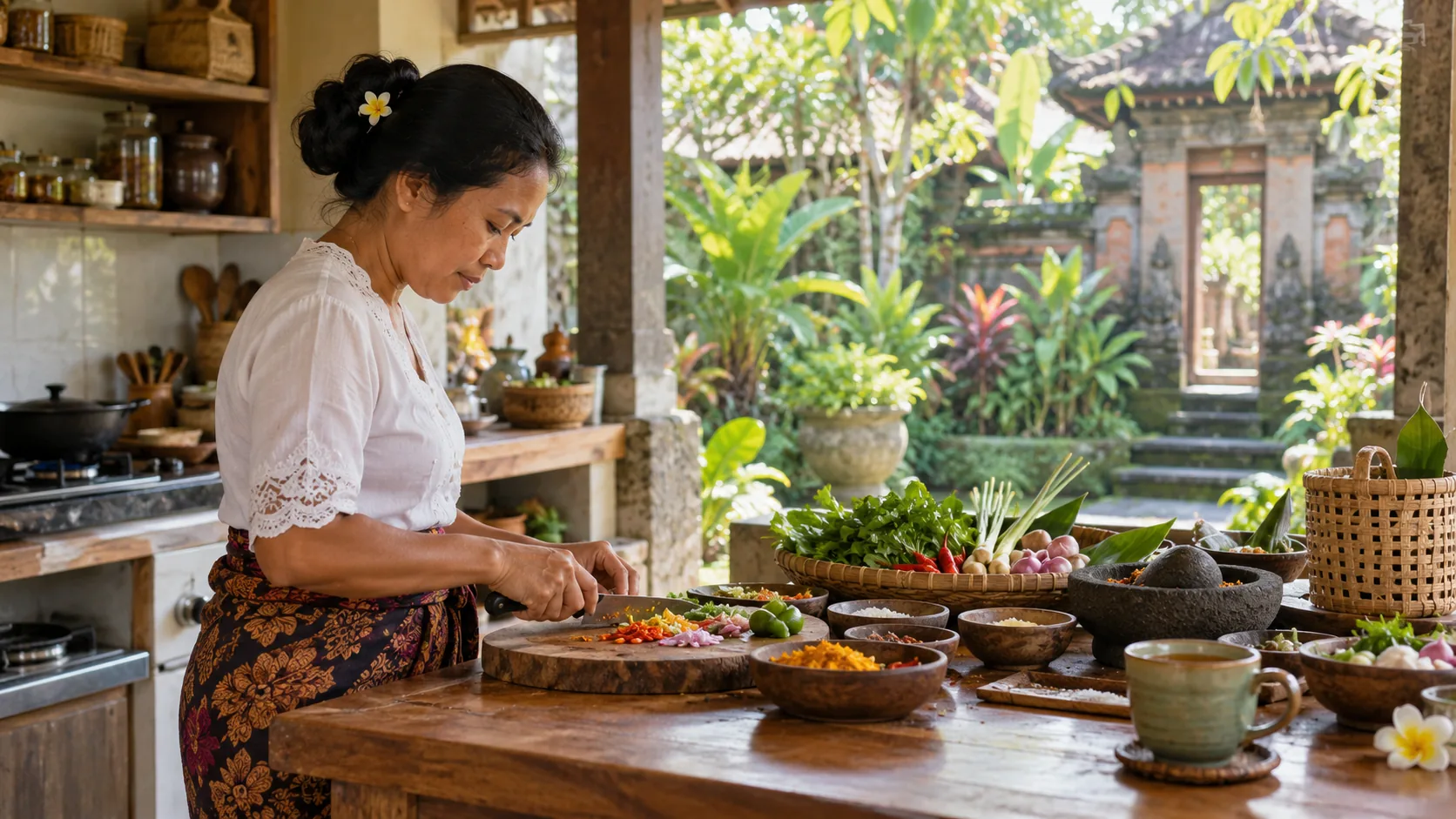 A cook prepares fresh ingredients in an open Ubud kitchen beside a leafy courtyard.