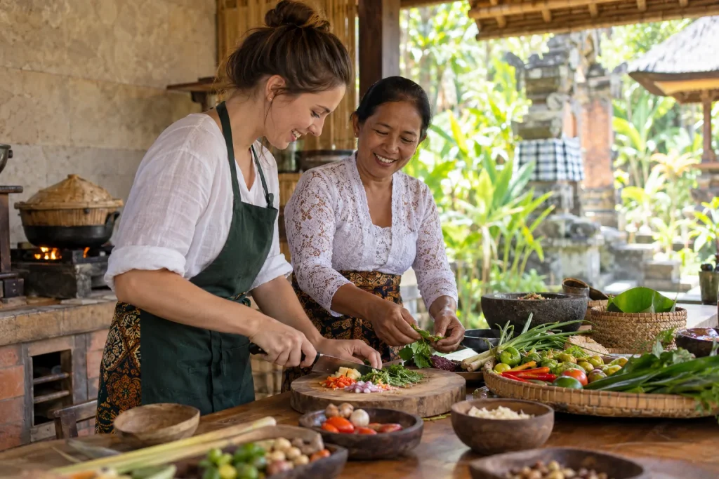A guest and local cooking teacher prepare vegetables together in an Ubud kitchen.