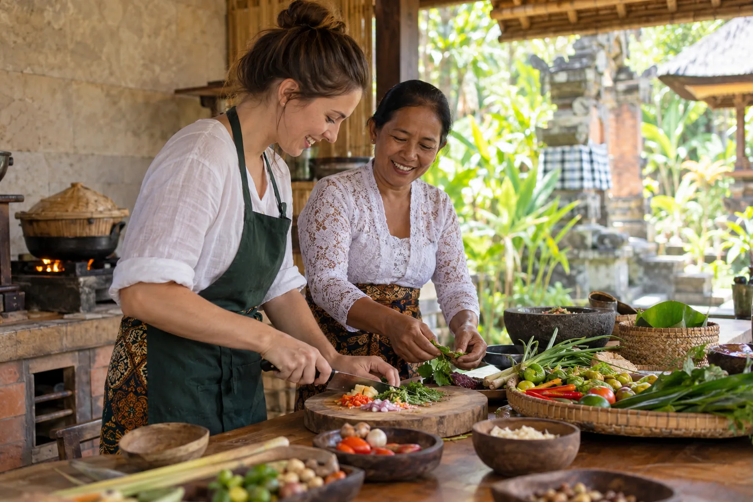 A guest and local cooking teacher prepare vegetables together in an Ubud kitchen.