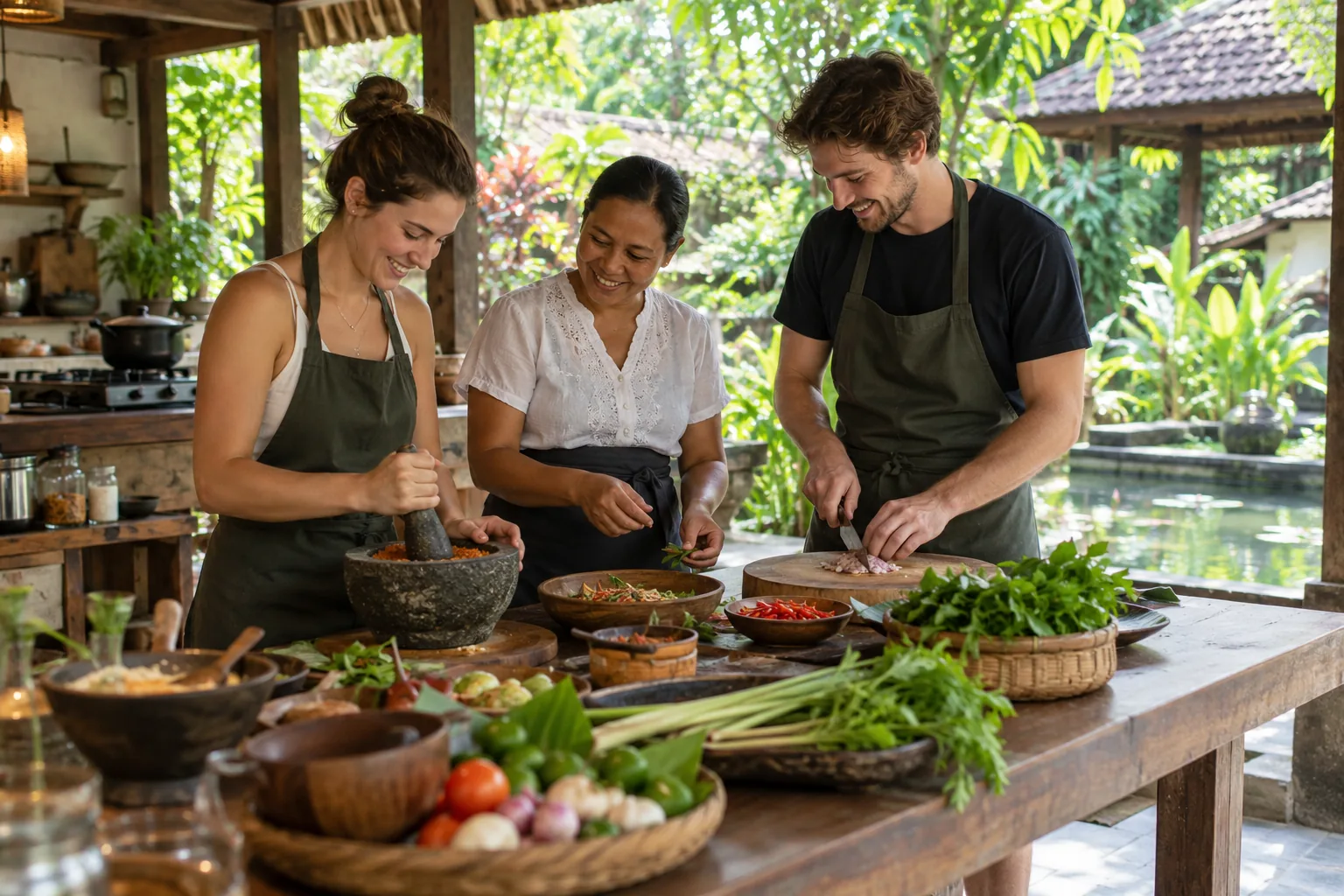 Two travelers prepare Balinese dishes with a local cook in a garden-side kitchen.