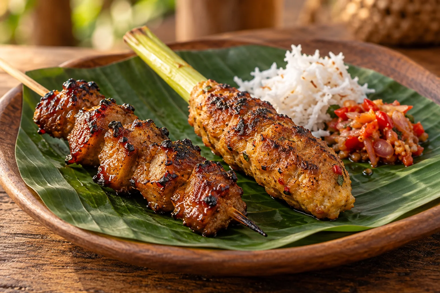 Two Balinese pork satay styles side by side: marinated cubes and minced pork shaped around skewers.
