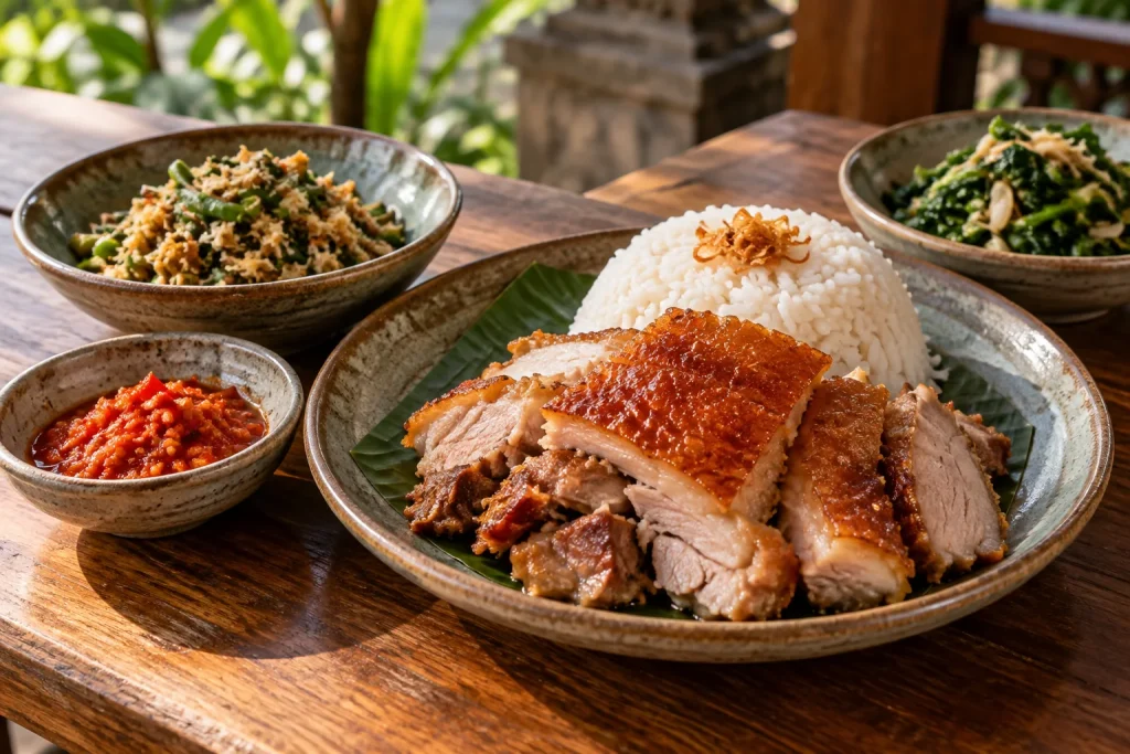 Roast pork with rice, lawar-style vegetables, sambal and a separate green side on a dining table.